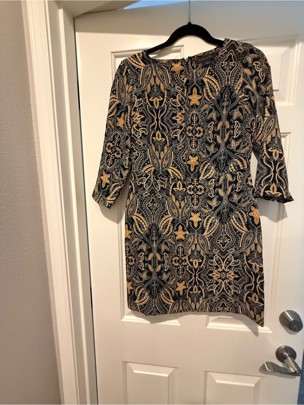Tahari Black and Gold Paisley Sheath Dress